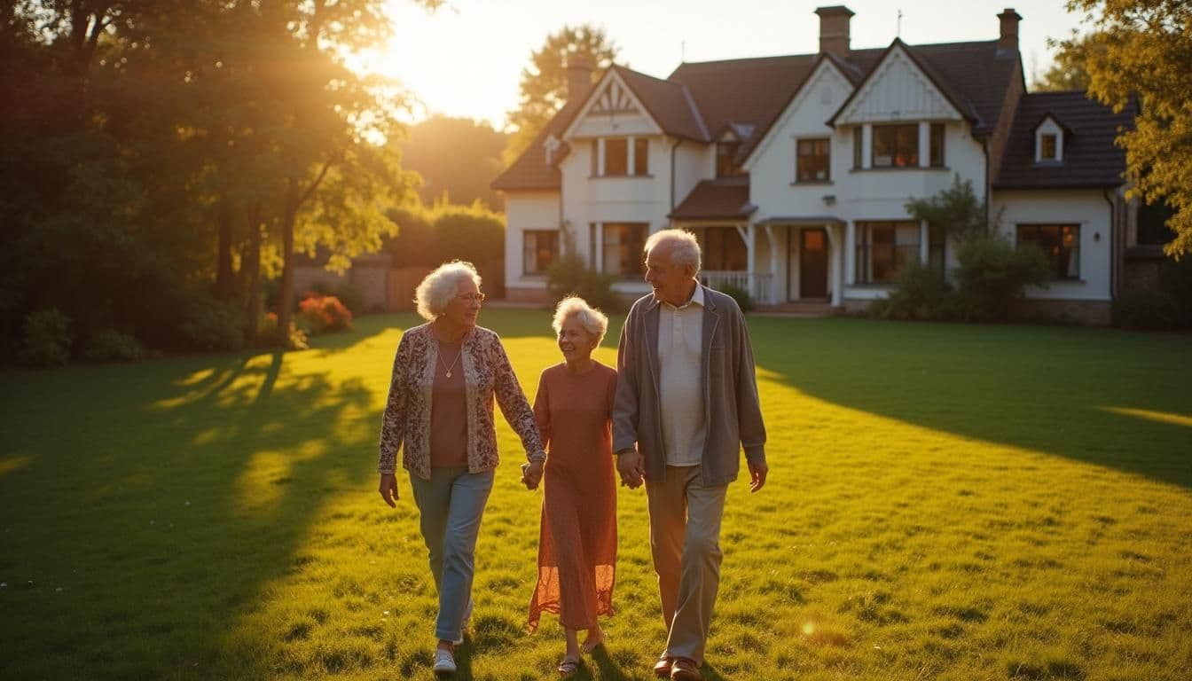 3 Menschen unterschiedlichen Alters stehen vor einem großen Einfamilienhaus